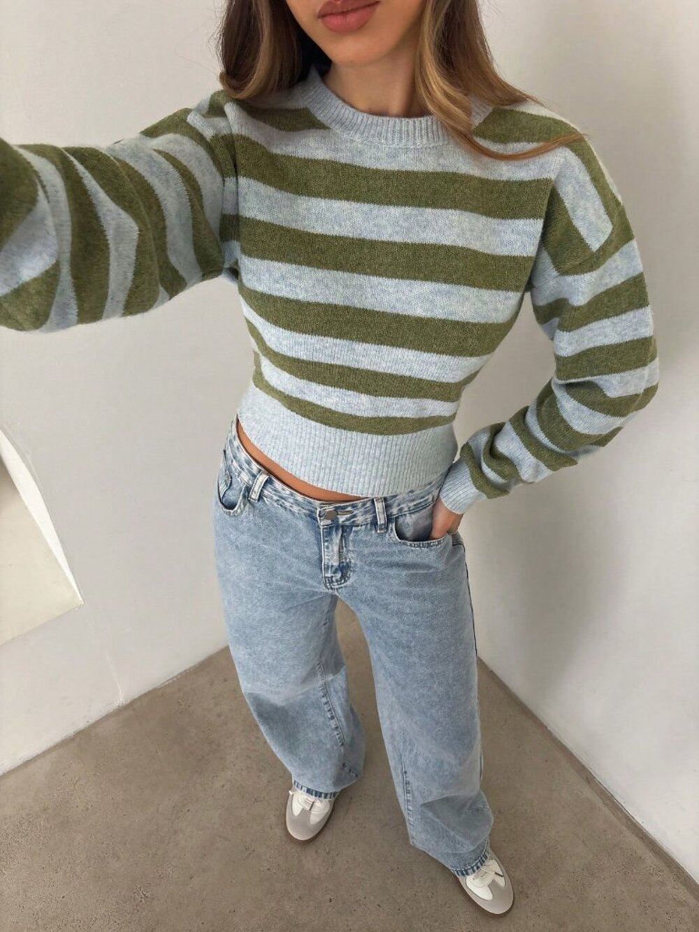 Multicolor Casual Women's Cinched Waist Striped Long Sleeve Sweater top